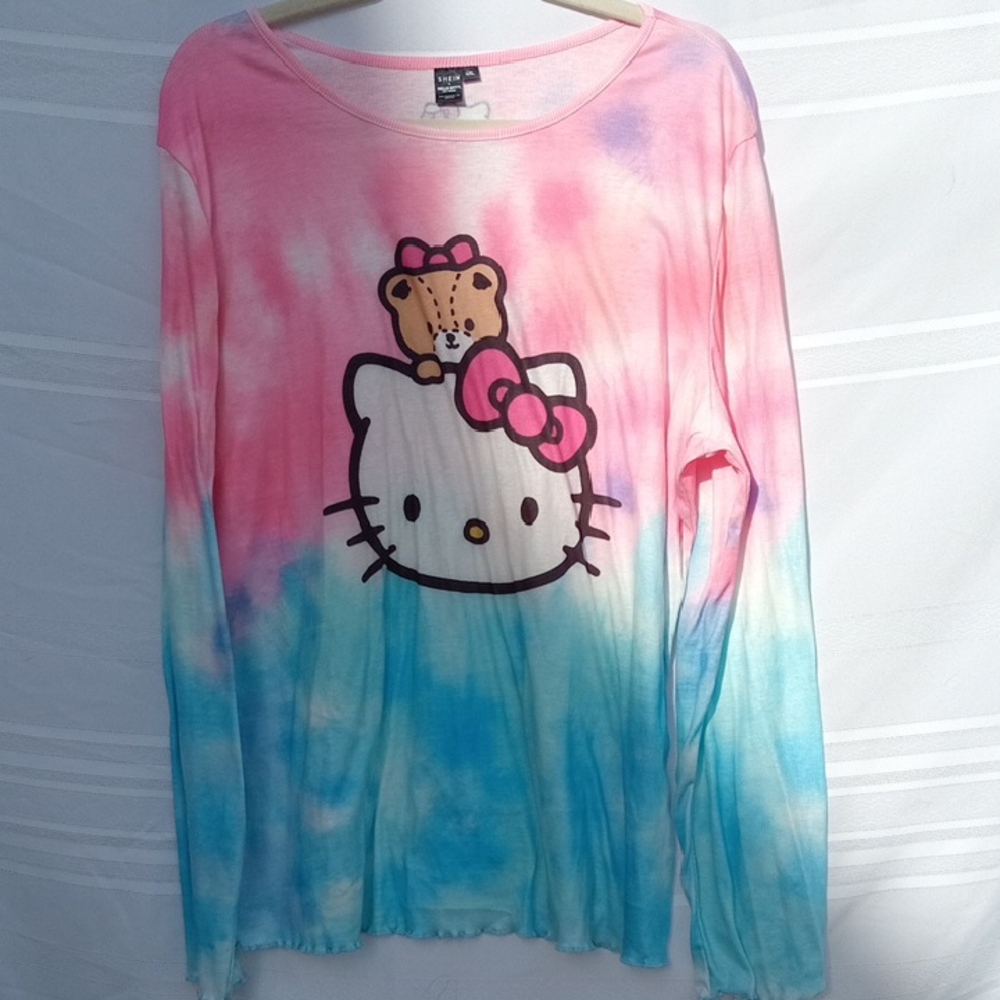 Shein Hello Kitty Pink and Blue Tie-Dye Long Sleeve Tee